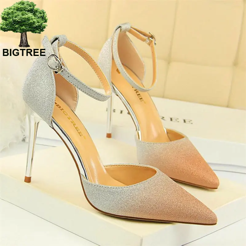 

BIGTREE 2018 Women's Party Sandals Sexy Cut-Outs Pointed Toe Buckle Shallow High Heels Sandals Women Mixed Colors Sequined Cloth