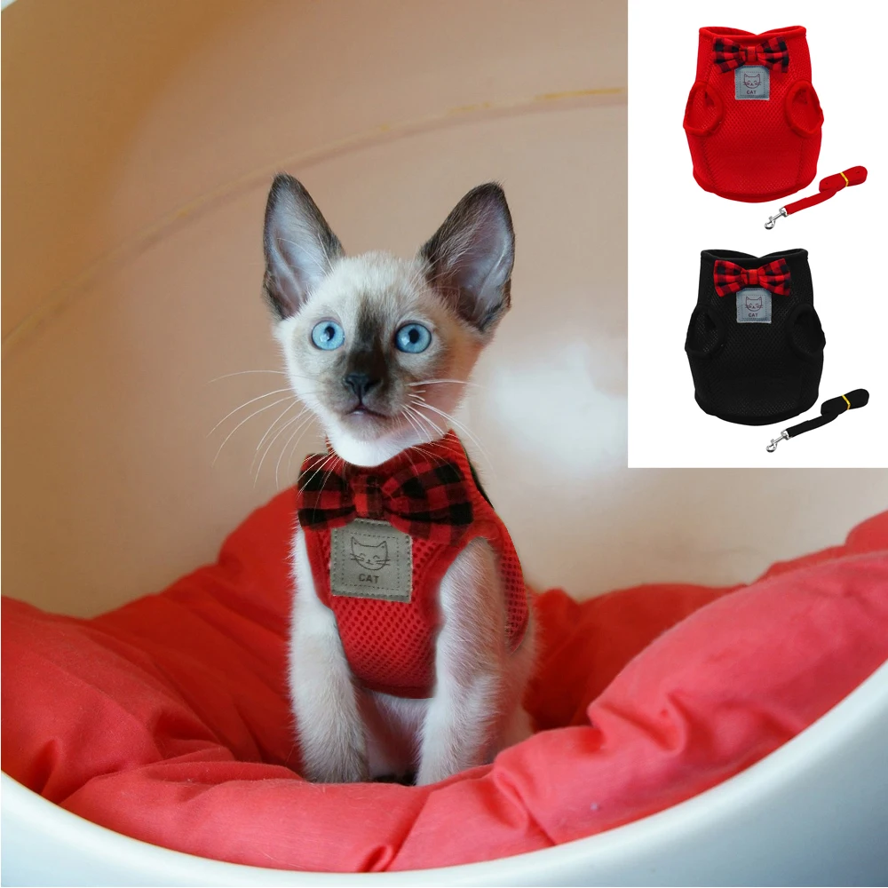 

Breathable Mesh Bowtie Cat Harness and Leash Set Soft Small Cat Puppy Harnesses Walking Lead Rope Pet Kitten Clothes Red Black