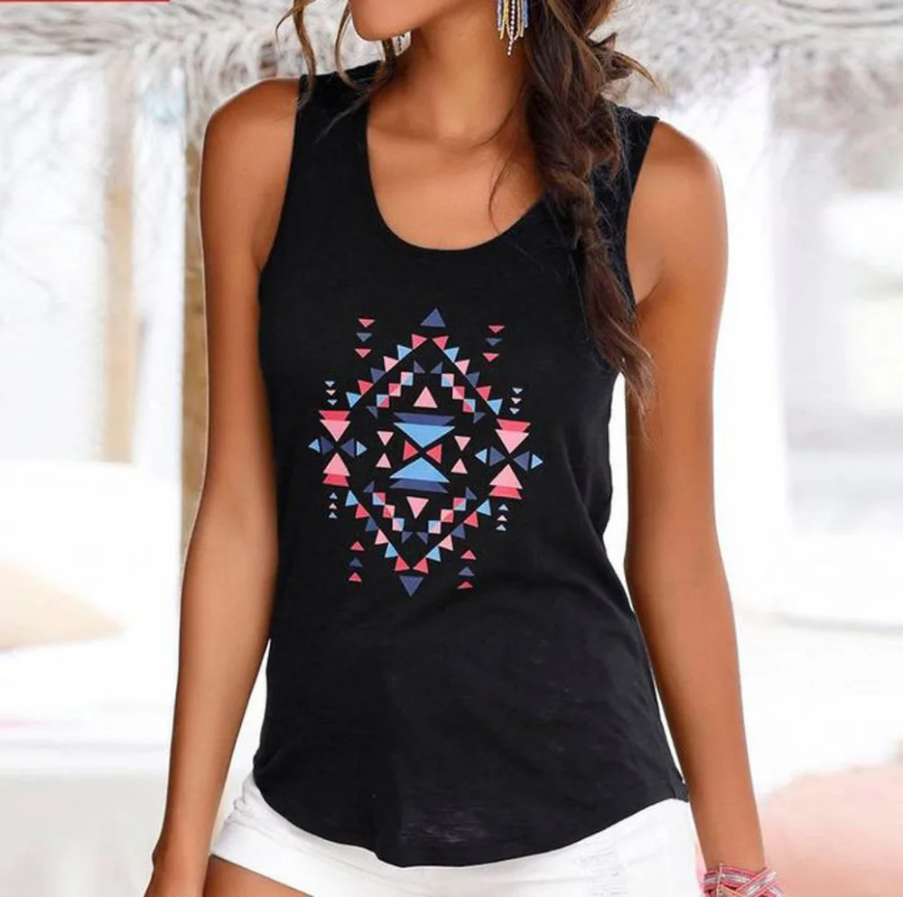 Женская футболка в богемном стиле без рукавов с круглым вырезом и принтом