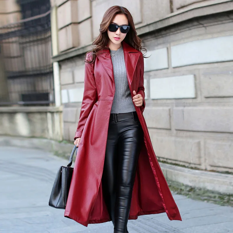 

Top Fashion Vogue Womens Overcoat Street Style Long Coats Belted Faux Leather Trench Female Ladies Leather Jackets Red Black