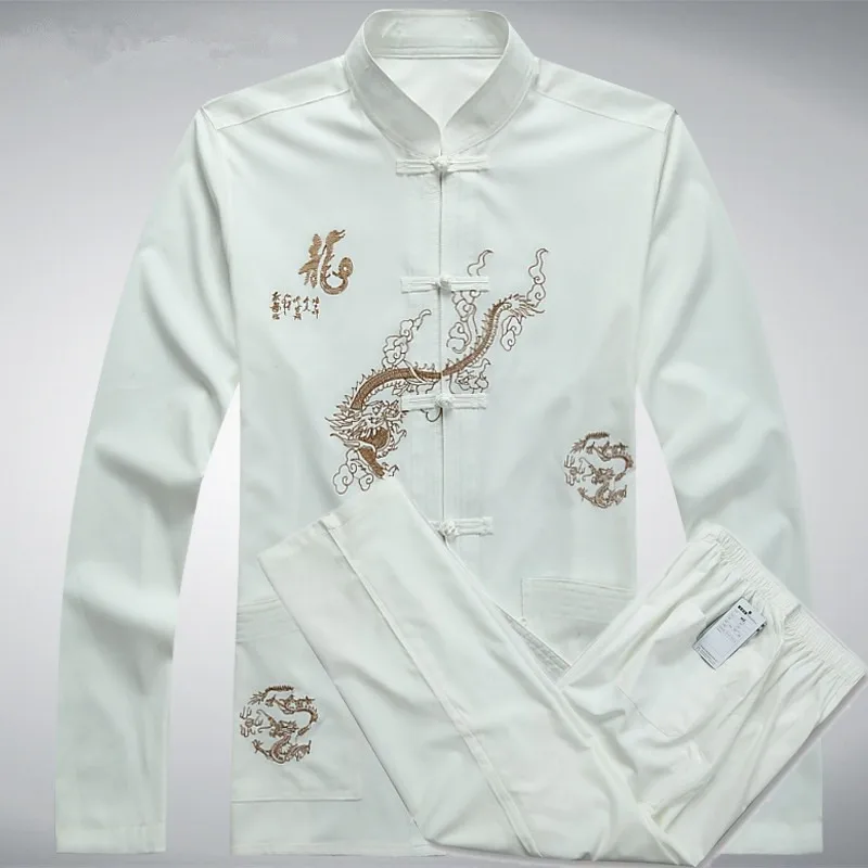 Китайский дракон рубашки мужчины черные брюки костюмы мандарин воротник с