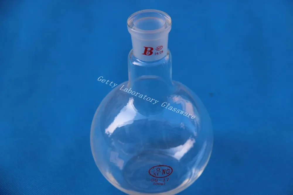 Лабораторная стеклянная колба с плоским дном одной горловиной 500 мл шов 24/29