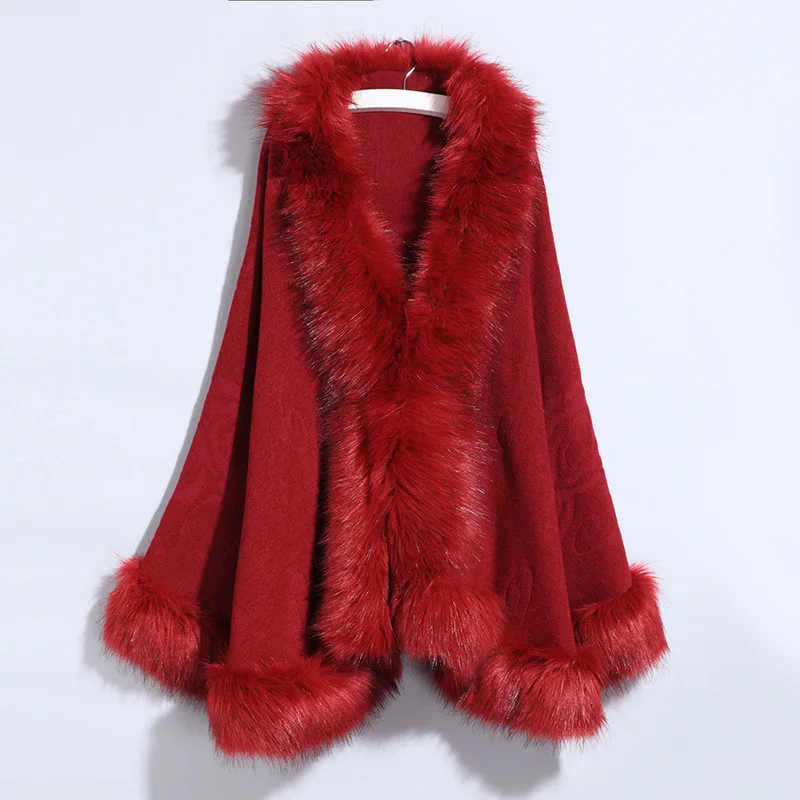 

Faux Fur Poncho women's new large-size knitting jacket imitation fox fur collar Cape Cape coat