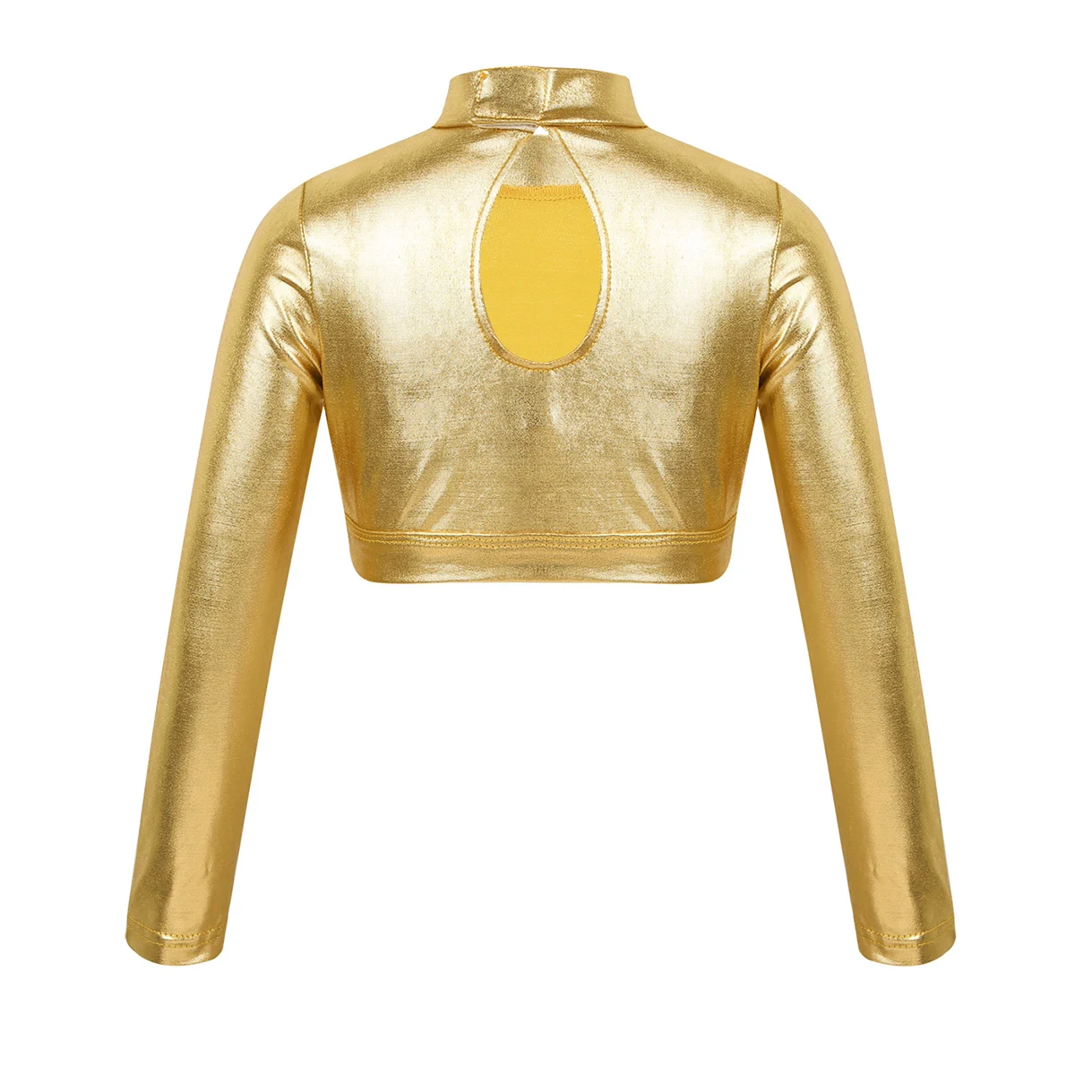 Children Kids Girls Long Sleeves Mock Neck Glossy Metallic Tops Crop Top for Dancing Stage Performance Ballet Class Dancewear