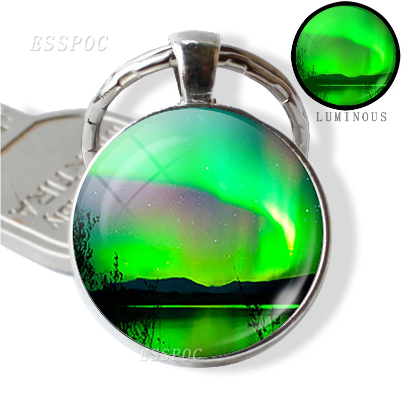 Northern Lights Aurora Photo Round Keychain Luminous Glass Cabochon Jewelry Handmade Supply for Pendant Fashion Key Chain Gift | Украшения