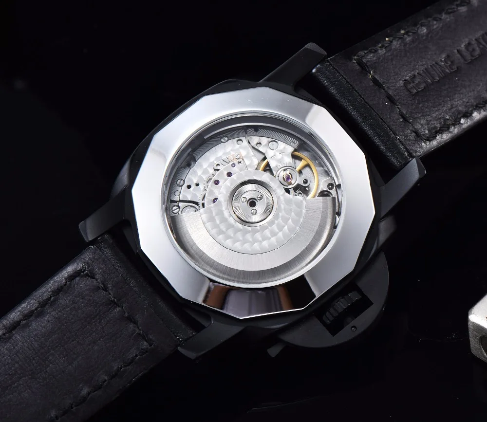 Мужские 44 мм часы с автоматическим механизмом черный PVD из нержавеющей стали