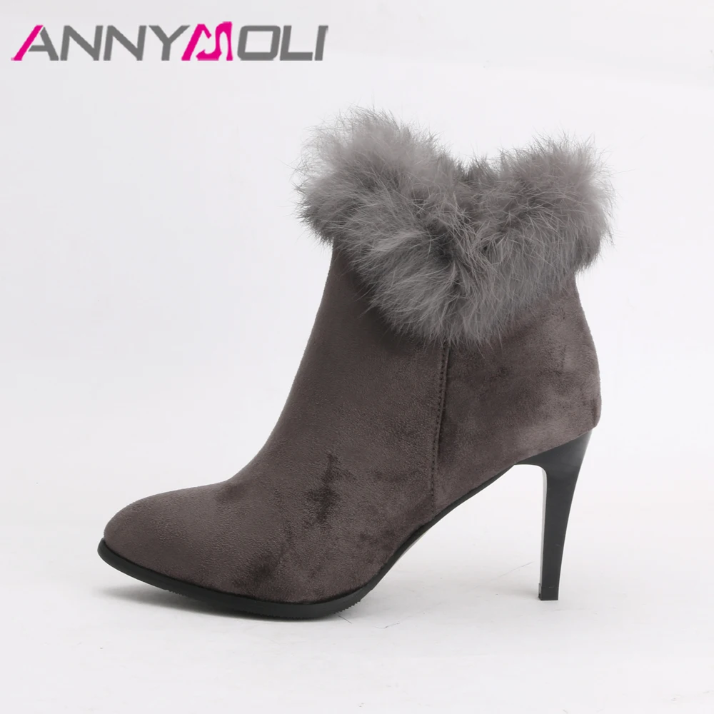 Женские короткие ботинки на высоком каблуке ANNYMOLI Осенняя обувь с меховой