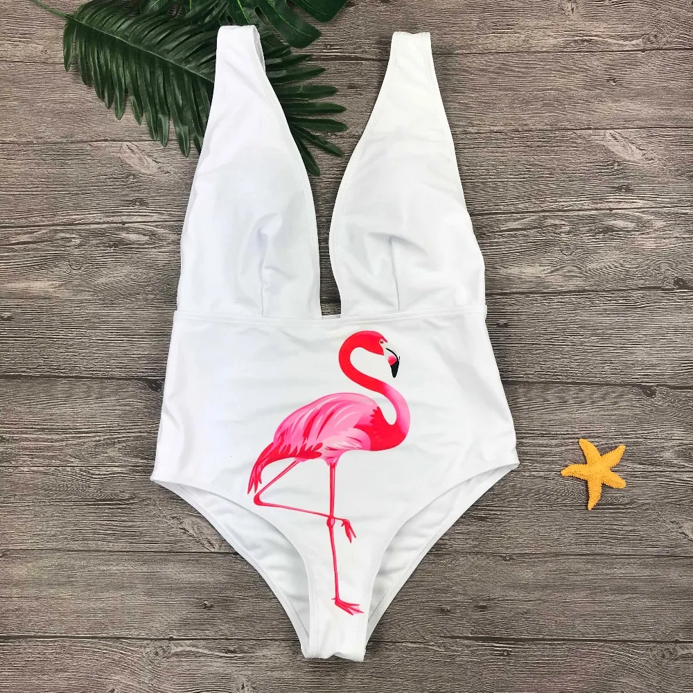 Sexy Multicolor bird print V Neck Push Up Padded High Waist One Piece swimsuit Swimwear Women Bodysuit Bathing SuitMonokini
