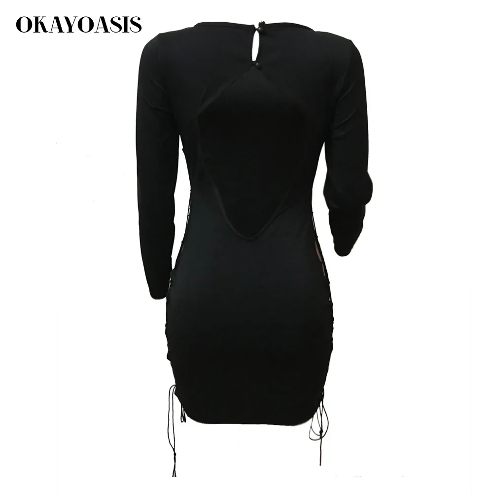OKAYOASIS Drop Shipping 2018 Women New Lace Up Bandage Dress Long Sleeve Sexy Hollow Out Autumn Club | Женская одежда