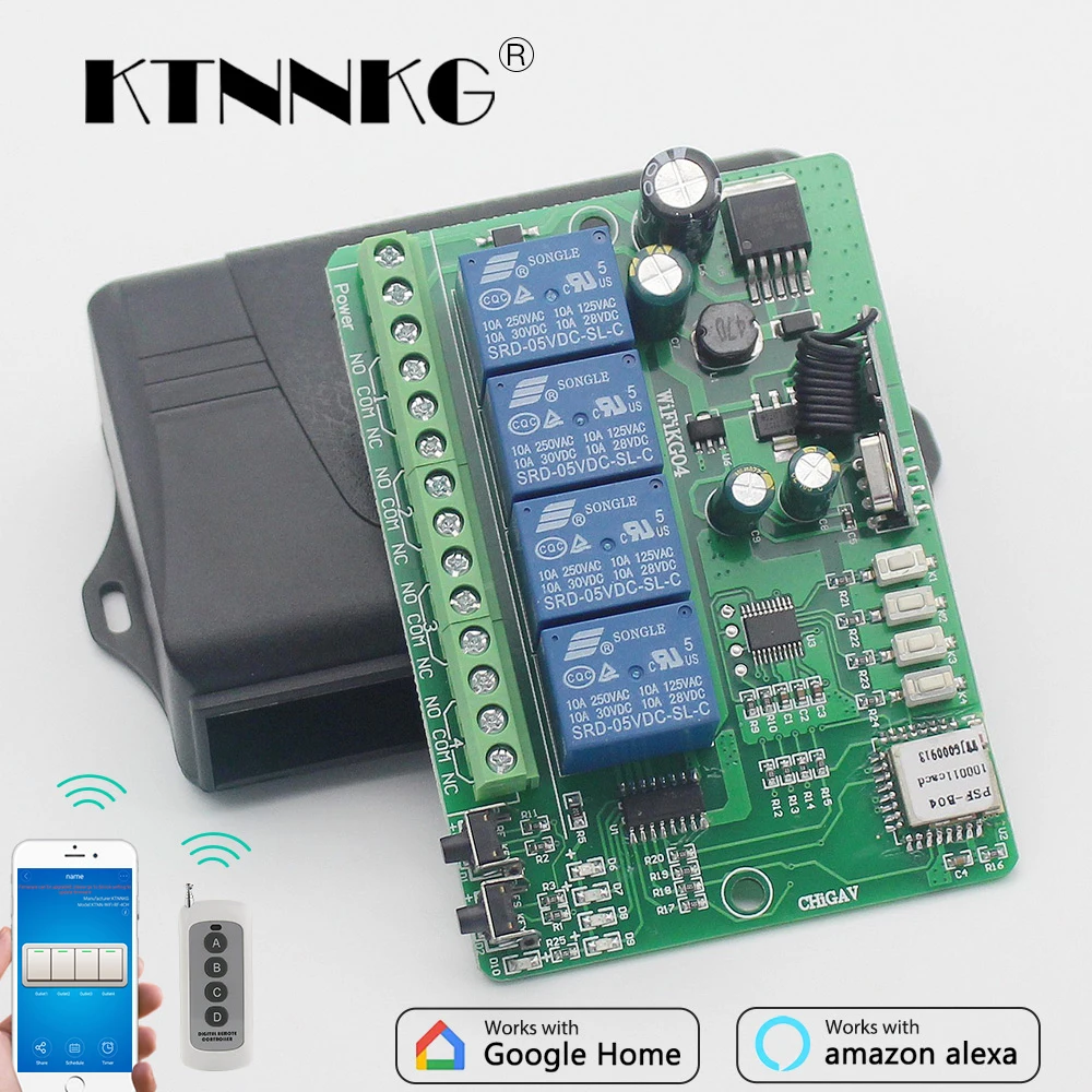 

KTNNKG DC12V 24V 36V eWelink WiFi Switch 4CH Relay Module Smart Home Automation Wireless Receiver and 433MHz RF Remote Controls