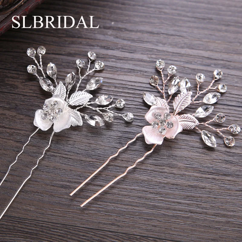 

SLBRIDAL Handmade Crystals Flower Leaf Wedding Hair Pin Hair Sticker Bridal Hair Accessories Headpiece Bridemaids Jewelry Women