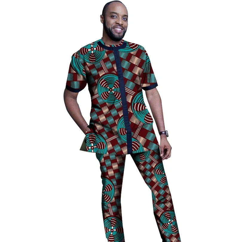 Африканская одежда с принтом мужские топы + брюки комплекты рубашек и брюк