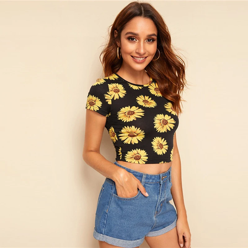 SHEIN, укороченная Футболка с принтом подсолнуха, женская одежда, летняя Приталенная футболка с круглым вырезом, повседневные Черные женские топы с коротким рукавом