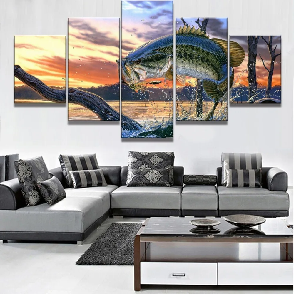 5 шт. HD печати живопись окунь рыба прыжки Современная декоративная Картины на