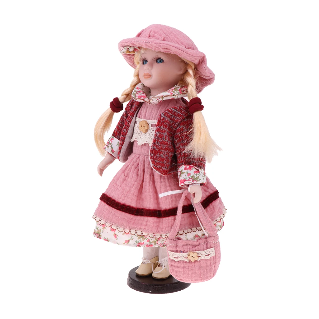 Милая фарфоровая кукла для девочек 30 см с одеждой розового цвета и подставкой