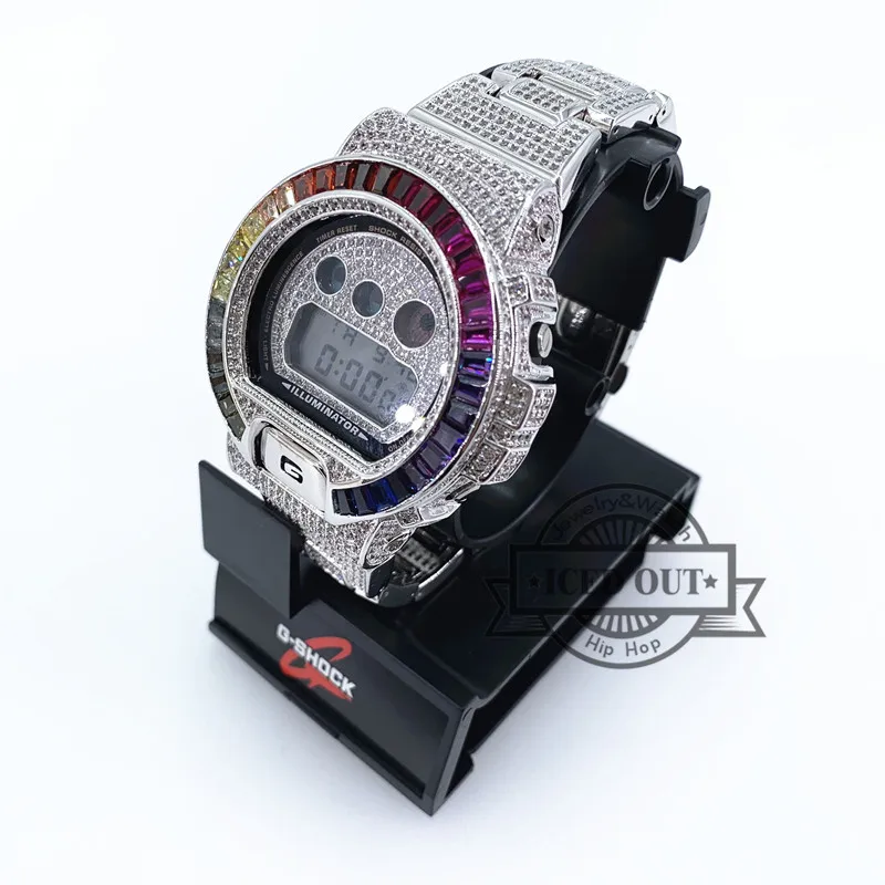 Хип хоп уличная мода посеребренный Радужный стиль g shock циферблат кнопка и