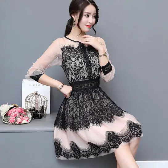 Женская Сексуальная кружевная Лоскутная юбка осень 2018 с круглым вырезом длинным