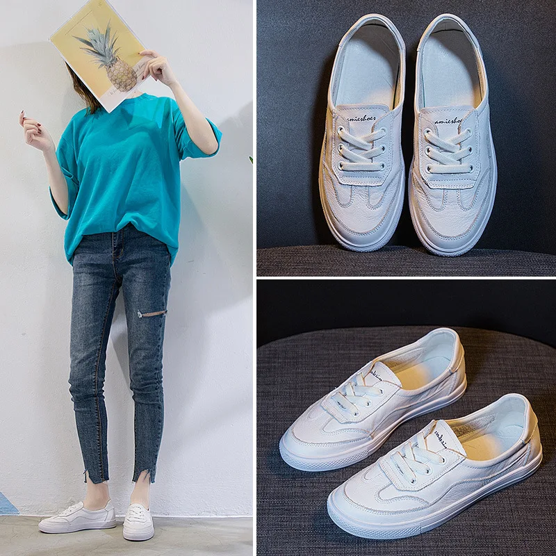 Кроссовки из натуральной кожи Женская Белая обувь на плоской подошве женская