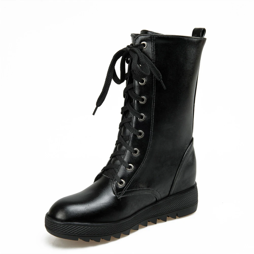 black no fur DoraTasia/Большие размеры 34-43, новые зимние сапоги, нескользящая обувь на шнуровке, увеличивающая рост, женские повседневные зимние весенние сапоги до середины икры - Цвет: black no fur