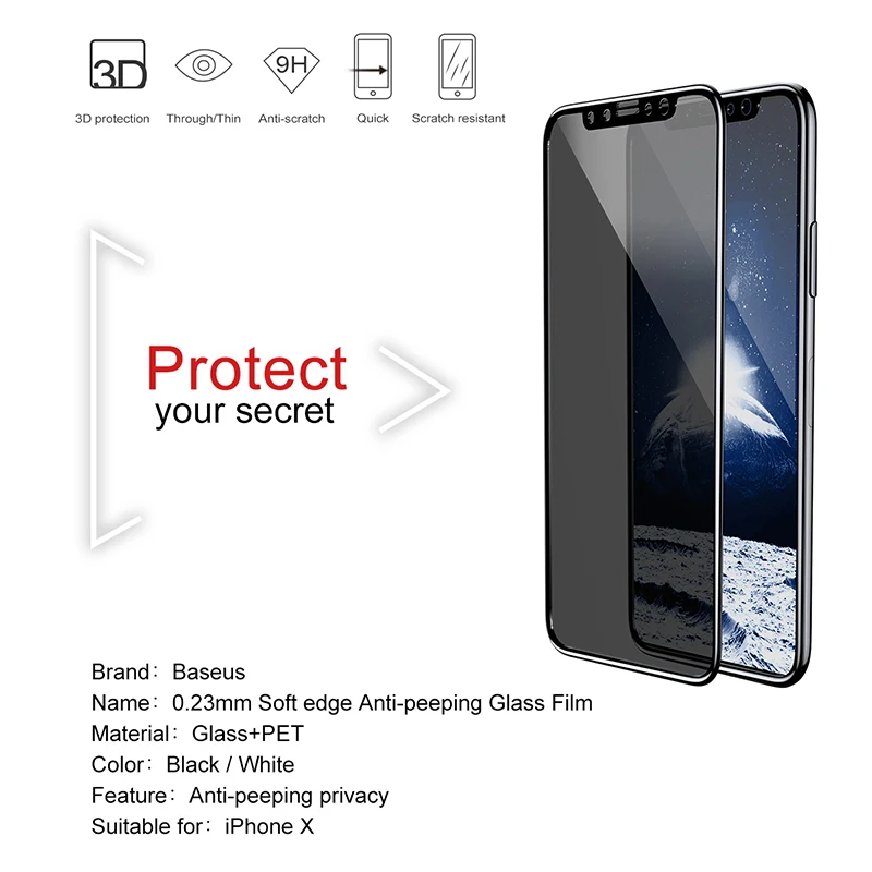 Baseus 3D Защита экрана для iPhone X защита от конфиденциальности закаленное стекло 10