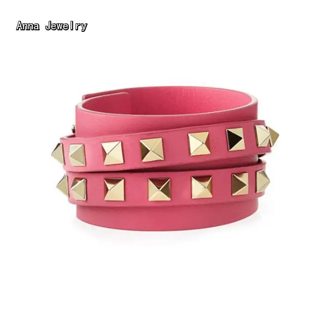Элегантный кожаный браслет с заклепками из желтого золота розовая кожа золотыми