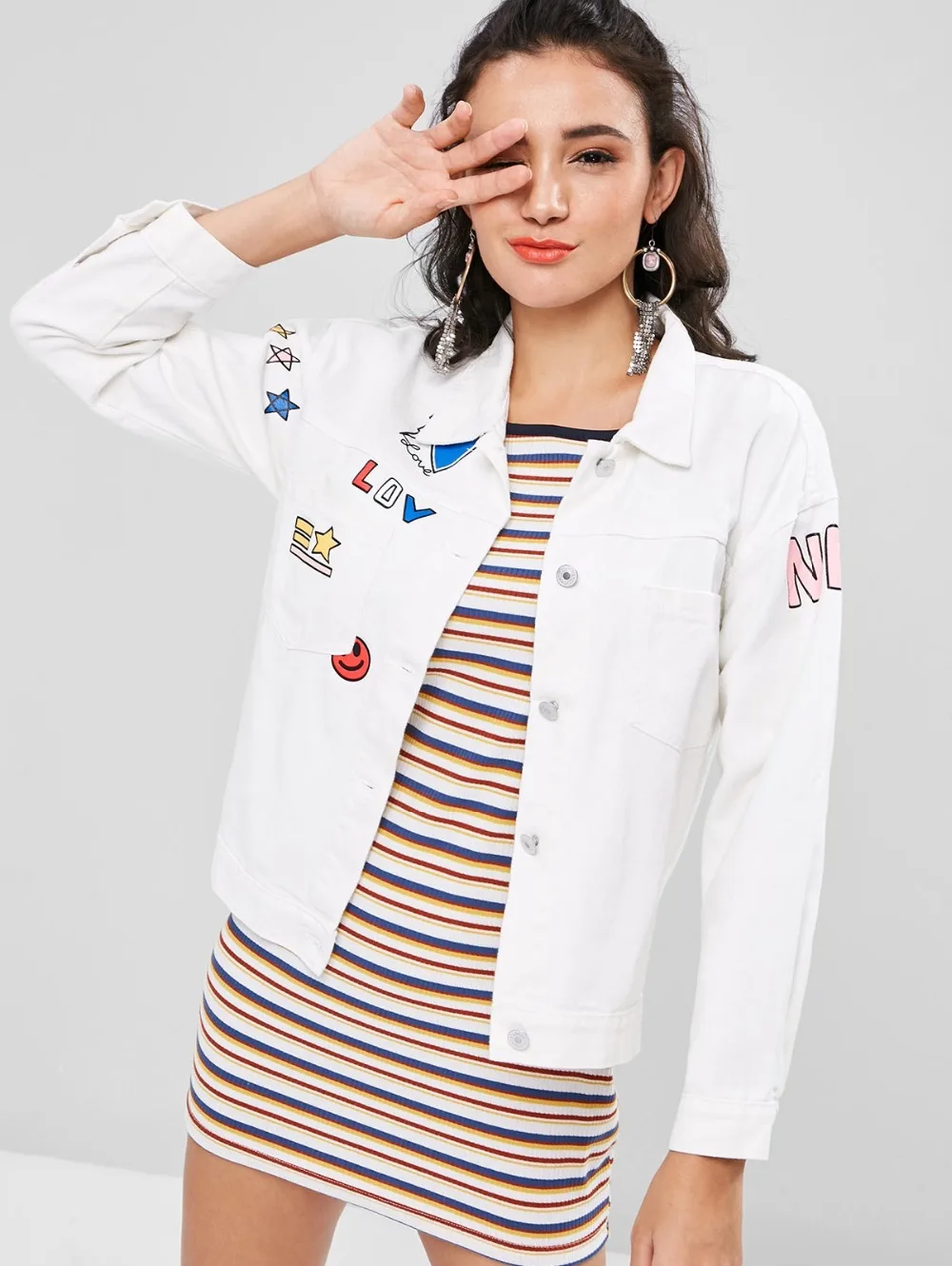 Модные принты передний карман Graphic Denim Jacket для Для женщин графический из