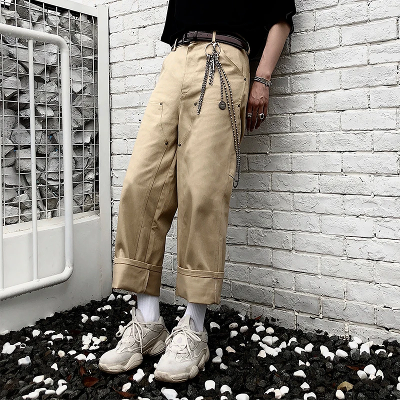 

Casual overalls men's loose summer thin multiple pocket straight pants popular logo.