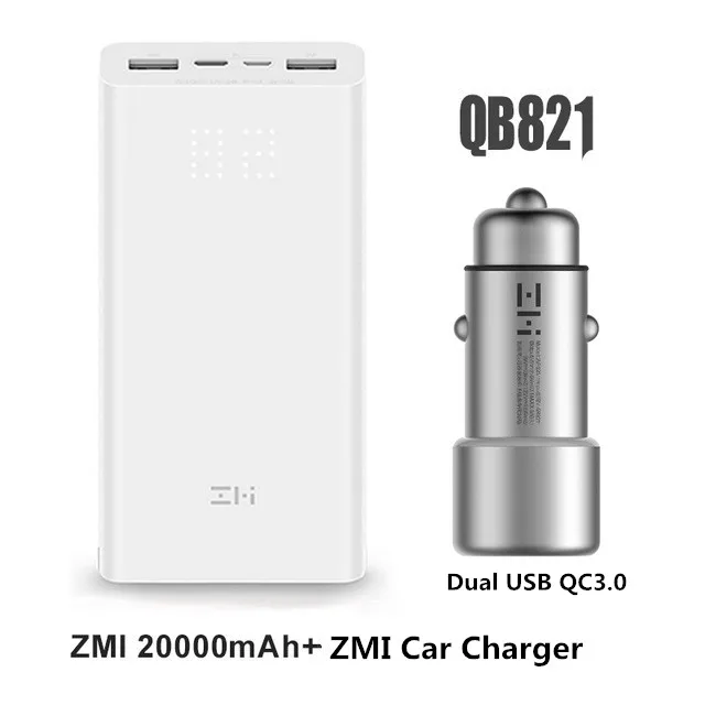 ZMI power Bank 20000 mAh QB821 Портативная зарядка Внешняя Батарея цифровой дисплей QC3.0 Dual USB 20000 mAh power bank для телефона - Цвет: Add Car Charger