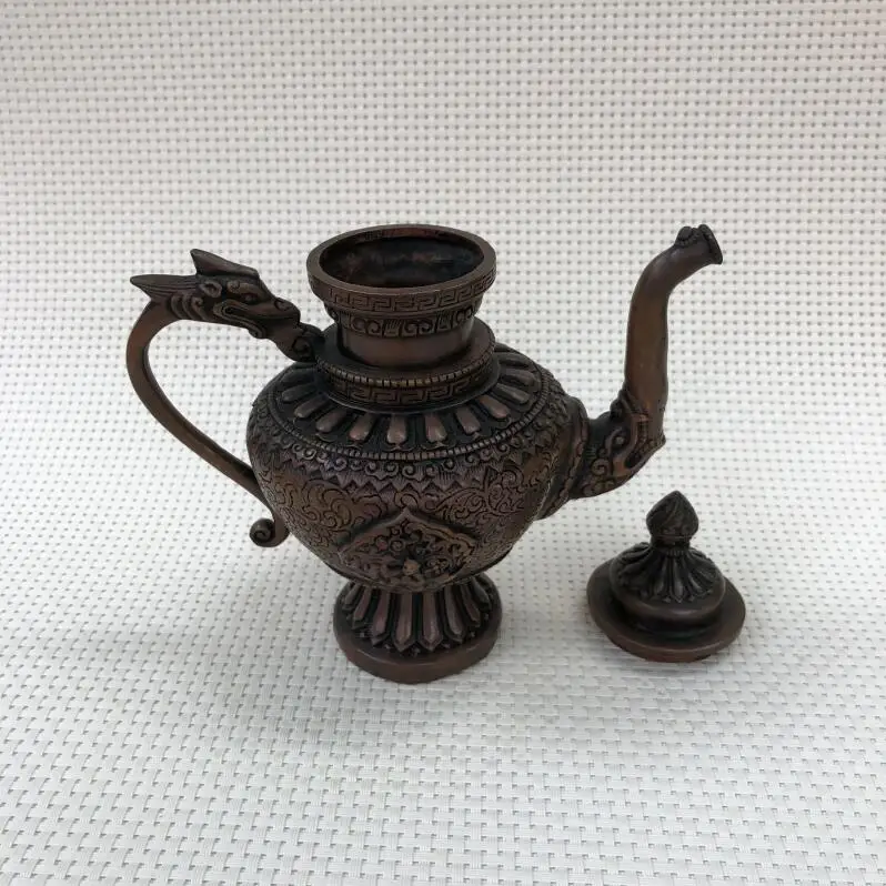 Фэн Шуй бронзовый античный фляга с ручкой дракона чайник старый медный горшок