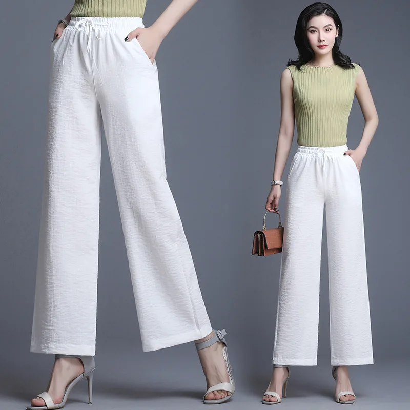

2019Women Wide Leg Pants Autumn Elastic Waist Loose Cotton Linen Nine pants Trousers Pants Solid Work Pantalon Plus Size 3XL 792