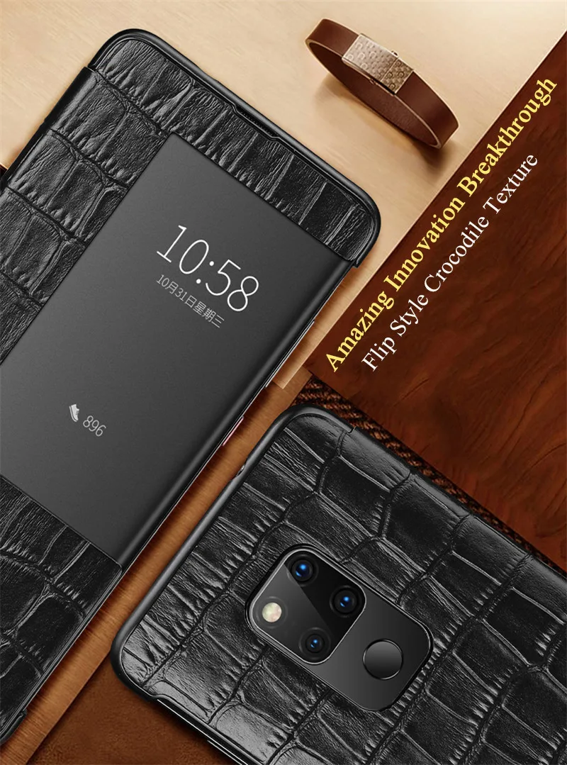 Смарт-чехол с окошком для просмотра mate 20pro, чехол для huawei mate 20 Pro, Крокодиловая текстура, Роскошный чехол для телефона из натуральной кожи