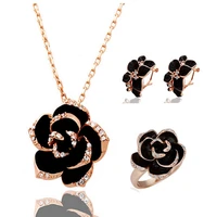 brand camellia design pendant fashion women gold color black painting rose flower necklace earrings ring jewelry sets