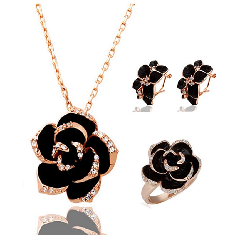Женский ювелирный комплект из колье серёг и кольца с камелией|brand jewelry sets|designer