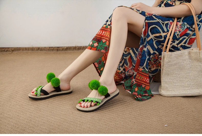 Женские сандалии с помпонами; Boho Hemp Espadrilles; пляжные шлепанцы; Летние праздничные Вьетнамки; Размеры 35-44
