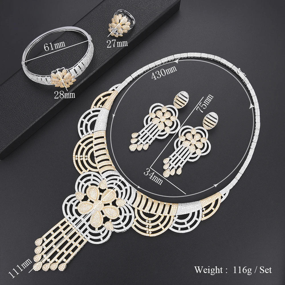 

SisCathy 4PCS Statement Necklace/Earrings/Ring/Bracelet For Women Luxury Tassels Women Wedding Cubic Zirconia Jewelry Sets