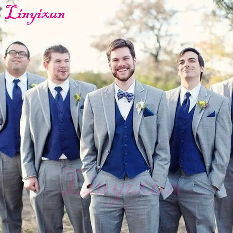 

Linyixun Gray Wedding Groomsmen Tuxedos 2018 Classic Style Three Piece Royal Blue Vest Grey Custom Made Men Suits