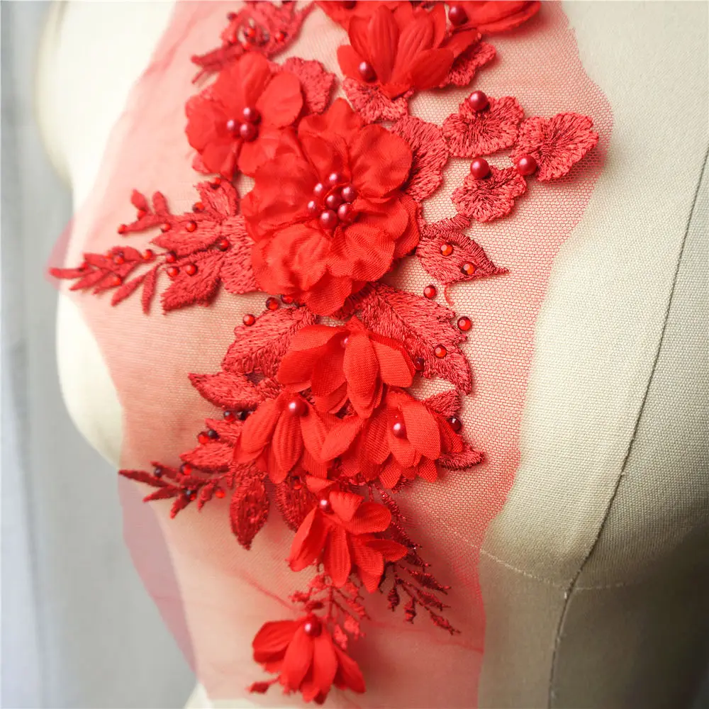 Красные 3D Цветочные бусины стразы аппликации вышитые украшения для свадебного