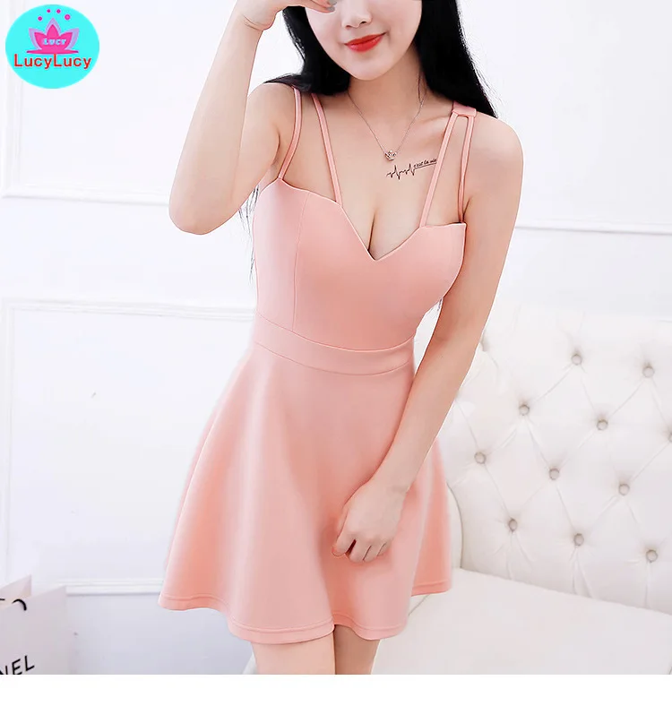 

2021 summer new sexy deep v slim sling a word sleeveless low chest body backless dress Knee-Length Zippers Spaghetti Strap