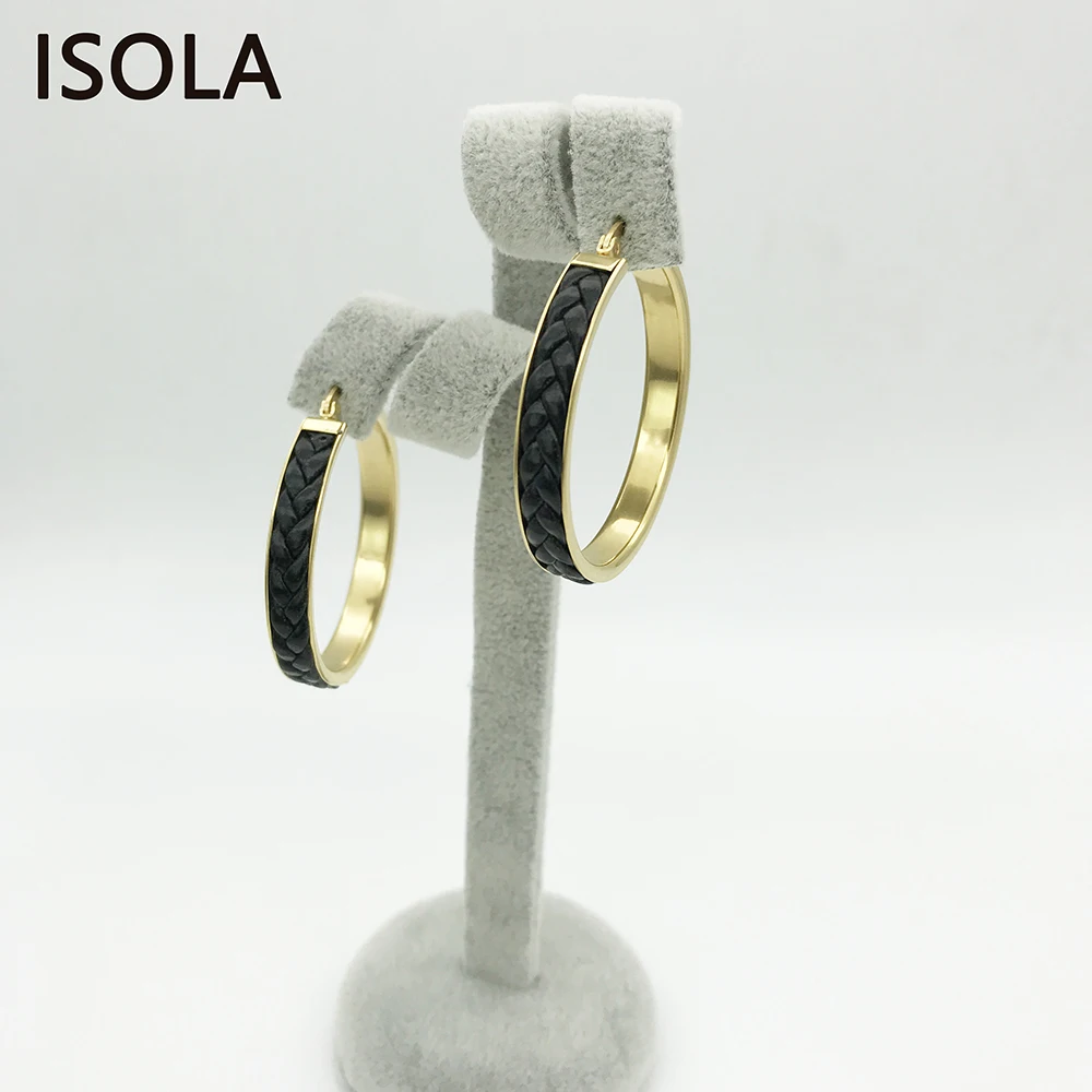 ISOLA, высокое качество, натуральная кожа на поверхности, круг из титановой стали, классические креольские серьги, круглая форма, серьги-кольца