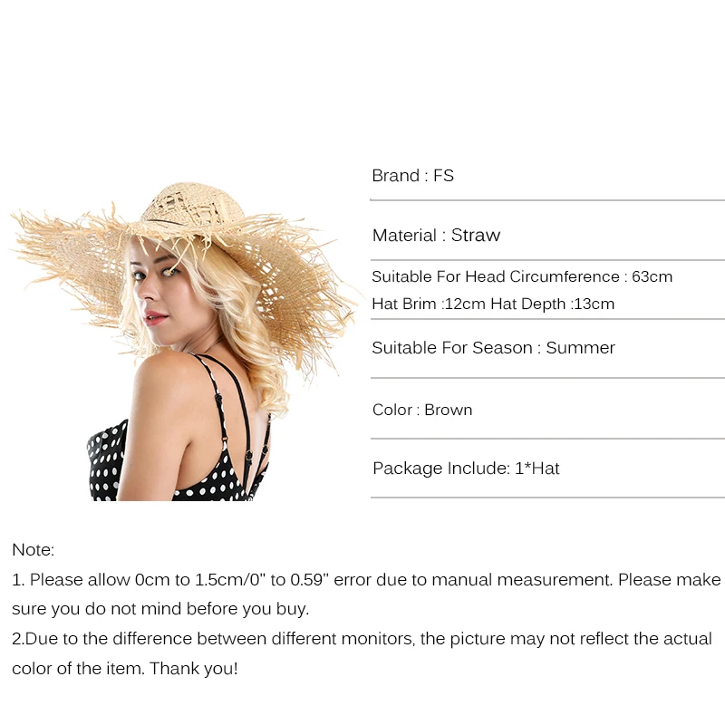 Женская Соломенная шляпка от солнца FS воздухопроницаемая пляжная из рафии с