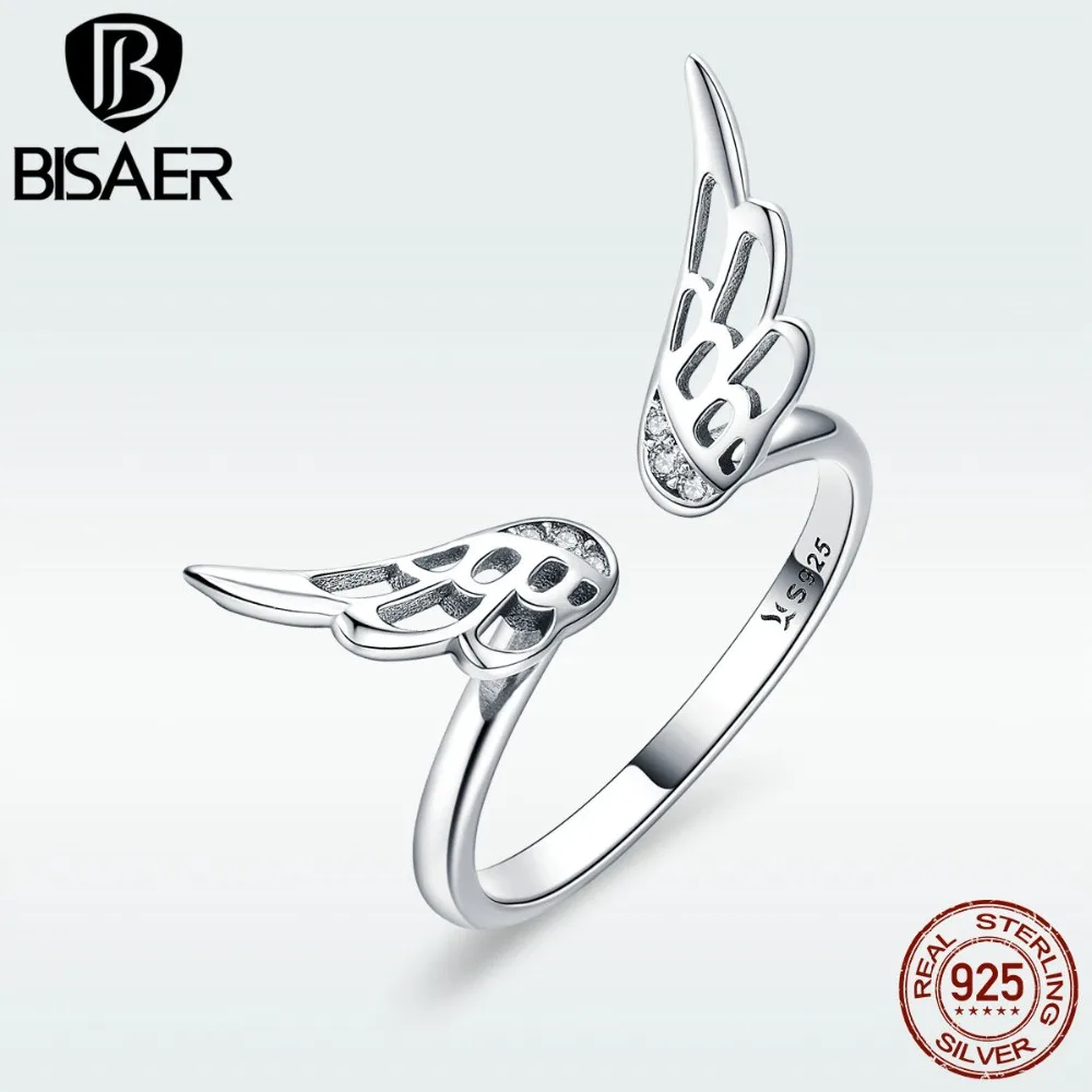 BISAER 925 Sterling Silver Open Size Angel Wings Feathers Adjustable Ring Finger Rings for Women Silver Wedding Jewelry ECR457