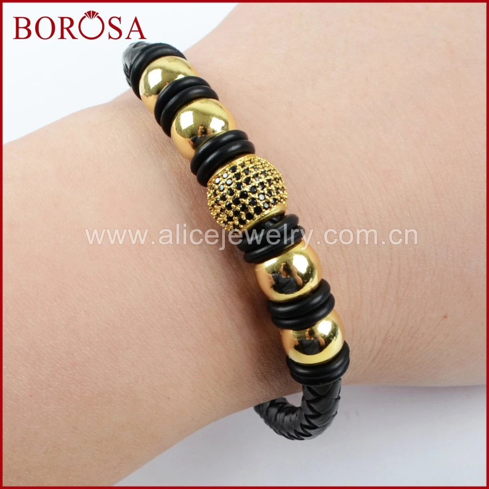 BOROSA Натуральной Черной Кожи Micro Pave CZ Кристалл Медь Браслеты магнит браслет пряжки