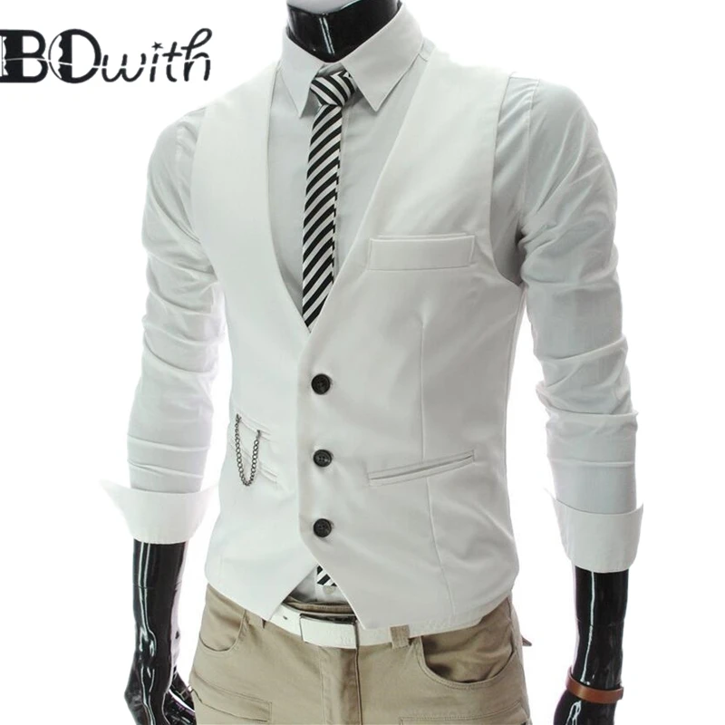 Элегантный белый Мужской приталенный жилет без рукавов однобортный с четырьмя