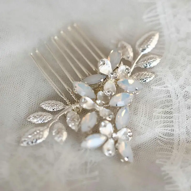 Silver Hair Comb Свадебная Расчёска для волос, шпилька, набор ручной работы с пресноводным жемчугом, свадебные аксессуары для волос, лист, опал, кристалл, свадебные украшения на голову - Окраска металла: Silver Hair Comb