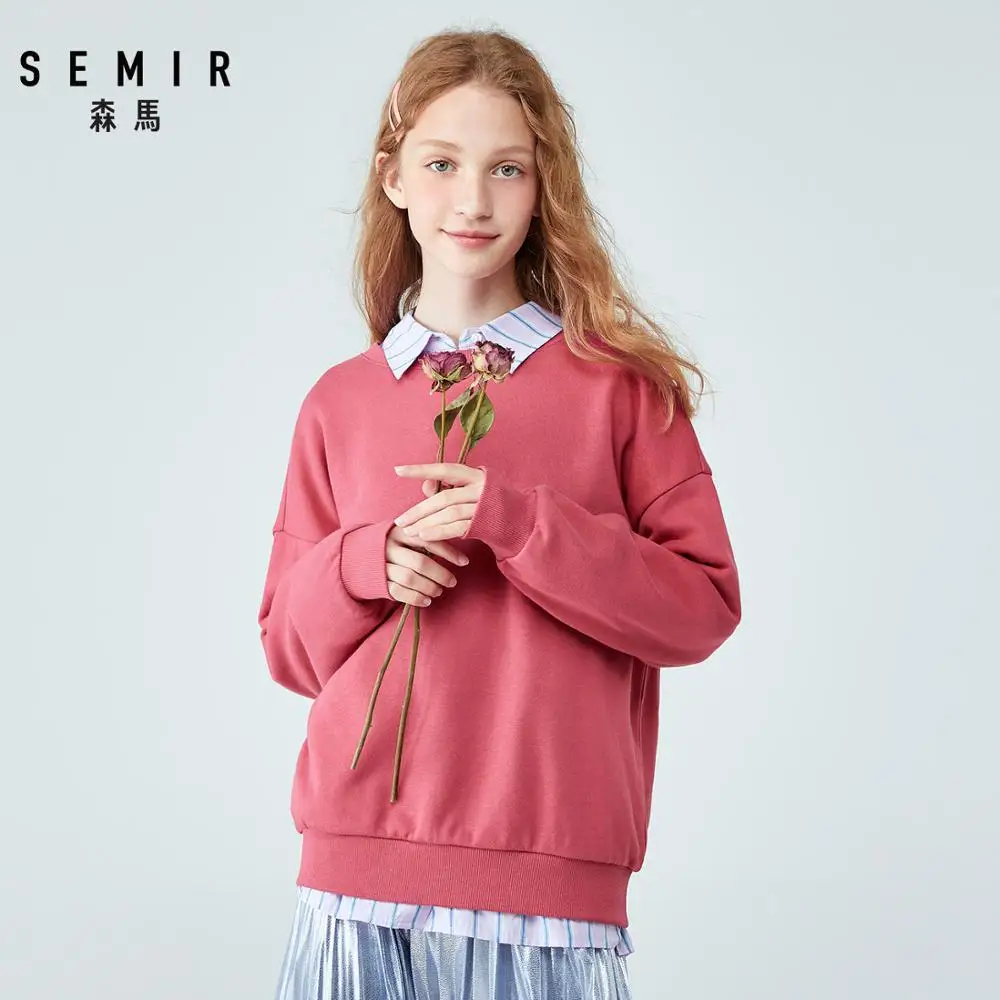SEMIR, Женская толстовка, пуловер, толстовка с ребристой горловиной, манжетами и подолом, модные однотонные толстовки для девочек, топы на осень