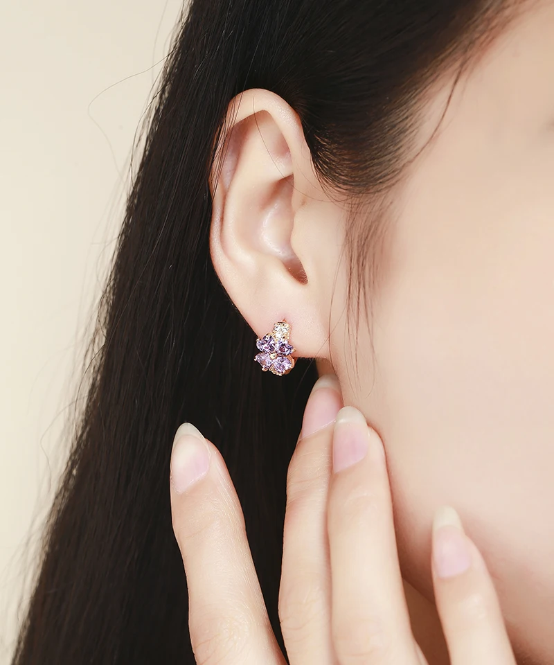 Серьги кольца с четырехлистным клевером и сердечком желтые золотые фиолетовые