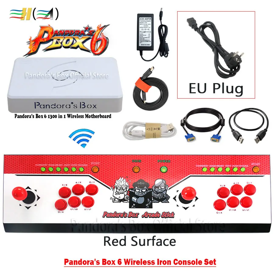 wireless red EU plug Pandora Box 6 1300 в 1 комплект беспроводной железной консоли 2 игрока джойстик кнопки контроллер может добавить 3000 игр fba mame ps1 3d игры - Цвет: wireless red EU plug