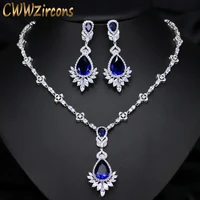 cwwzircons aaa quality cubic zirconia big drop royal blue bridal wedding evening earring necklace jewelry set for women t064