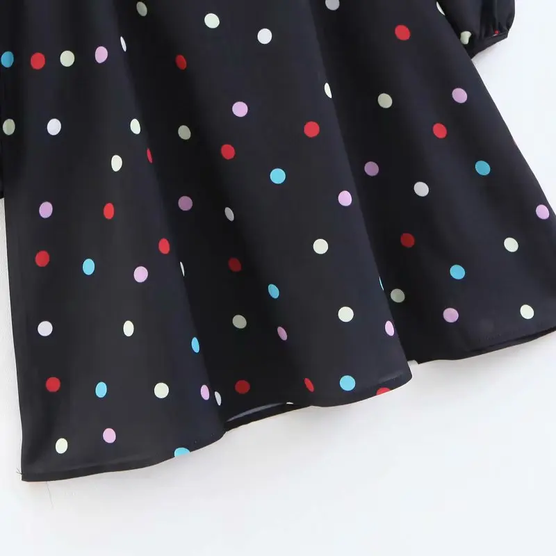 Винтажное пляжное женское платье элегантное мини в черный горошек с длинным