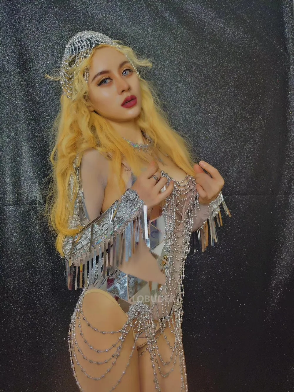 Adult Women Nightclub DJ DS Costume Silver Sequins Beads Headdress Backless Bodysuit Bar Pole Dance Catwalk Performance Jumpsuit